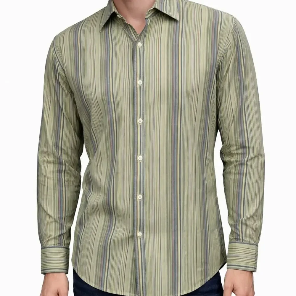 Vintage J. Crew Shirt Men M Green Multicolor Striped Button up Long Sleeve